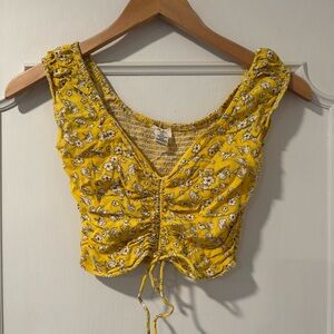 Japna Cropped Yellow Daisy Floral Smocked Top - Size M